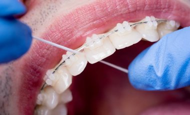 Floss diş ofiste kullanarak seramik destekleri ile diş diş ipi diş hekimi. Makro çekim diş diş teli ile. Ortodontik tedavi. Oral hijyen ve sağlık. Diş Hekimliği