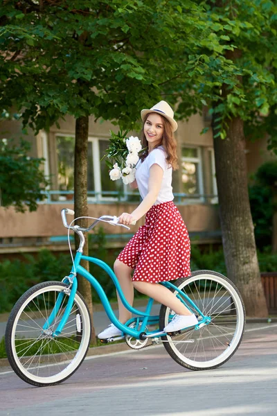 Tender Young Woman Red Skirt Polka Dots Hat Her Head — Stock Photo, Image