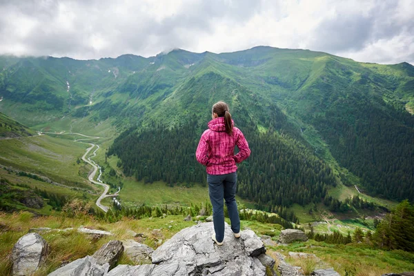 アクティブなライフ スタイルの観光ハイキング旅行 copyspace 美自由自然達成幸福の周り探している山の頂上に立っている女性ハイカーの全身ショット. — ストック写真
