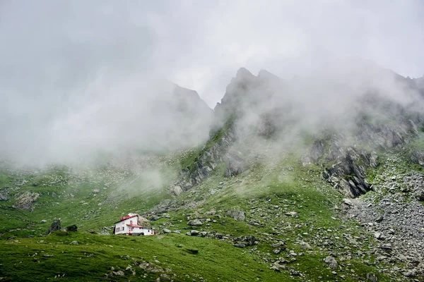 Güzel Beyaz Saray ayakta muhteşem rocky Dağları yakın düşük yeşil çimenli çayırda izole Romanya'da sis kaplı. Şaşırtıcı nefes kesen doğa görünümü manzara manzara sakin turistik — Stok fotoğraf