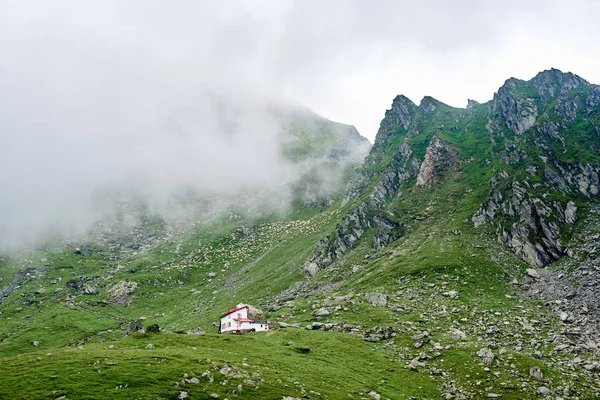 Adorabile casetta bianca sulla collina nella valle delle montagne della Romania copyspace tempo accogliente nebbia nebbia stagione ricreativa paesaggio natura ecologico ambiente . — Foto Stock