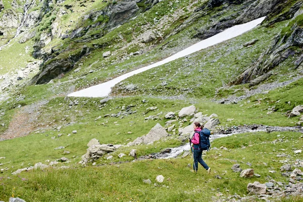 Femeie turistică care se plimbă pe o frumoasă pajiște verde lângă munții stâncoși din România. Femeie alpinist stil de viață sănătos vedere spectaculos deal pantă drum călătorie peisaj uluitor — Fotografie, imagine de stoc