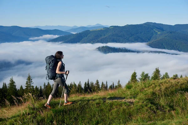 Excursionista con mochila y bastones de trekking — Foto de Stock