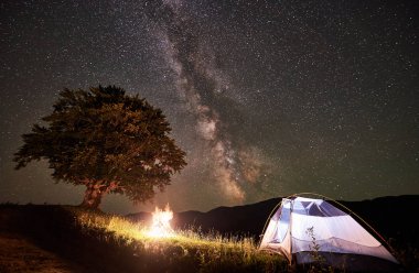 Işıklı turist çadır kamp ateşi ve güzel büyük ağaç Samanyolu ile inanılmaz yıldızlı gökyüzü altında geceleri. Dağda kamp gece yaz. Aktif yaşam tarzı kavramı. Astrophotography