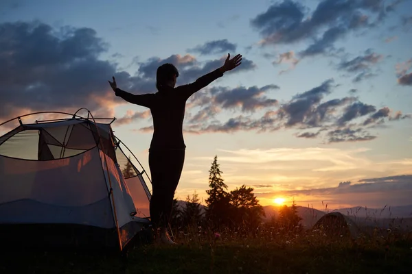 Rear View Silhouette Female Standing Open Arms Camping Mountains Sunrise — Stock Photo, Image