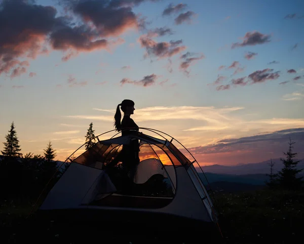 Profile Silhouette Young Lady Tourist Campsite Top Hill Sunrise Charming — Stock Photo, Image