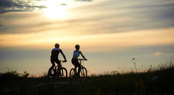 Вид Сзади Пару Велосипедистов Едущих Дороге Среди Травы Полевыми Цветами — стоковое фото
