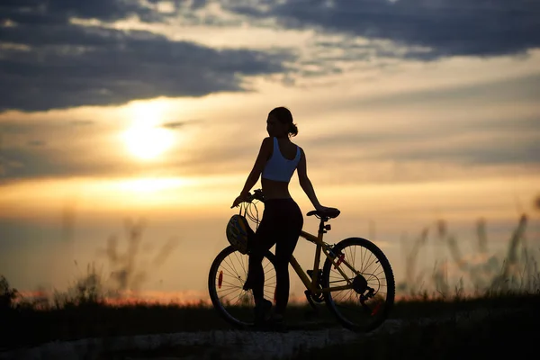 Slender Female Cyclist Standing Bicycle Looking Sun Marvelous Landscapes — Stock Photo, Image