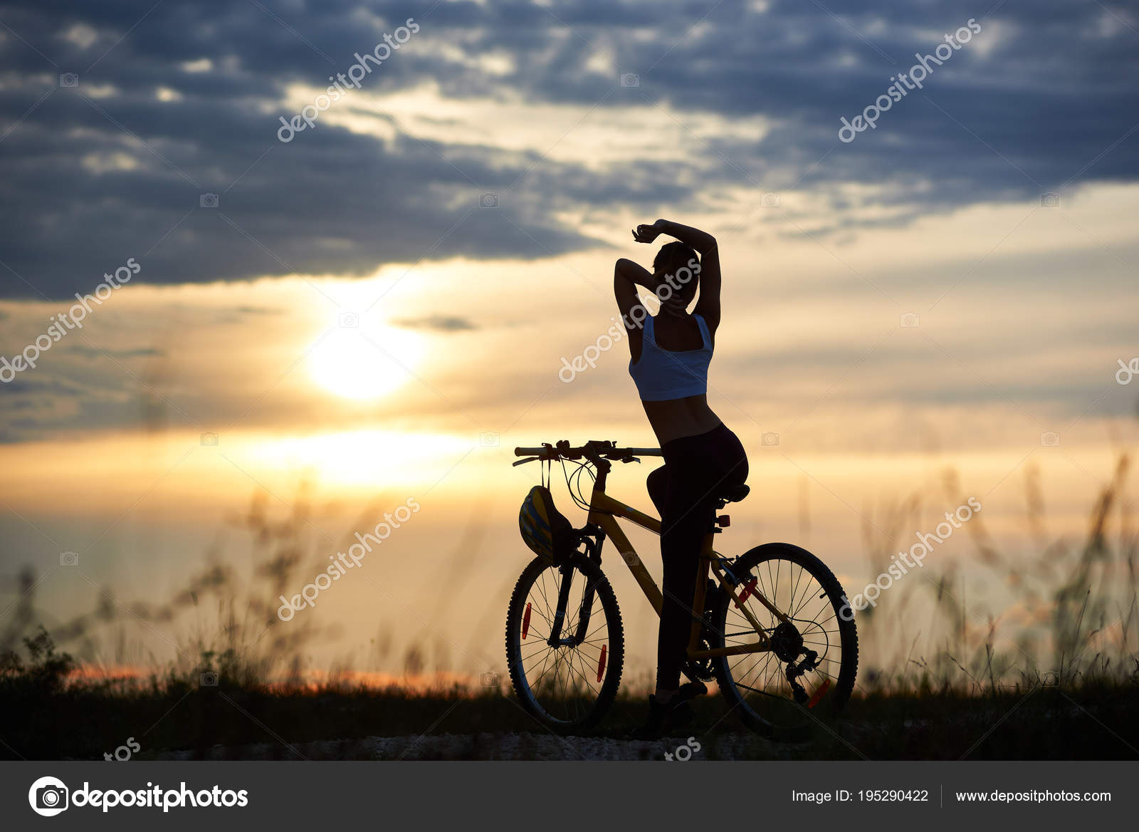 Rear View Beautiful Silhouette Sporty Female Cyclist Enjoying