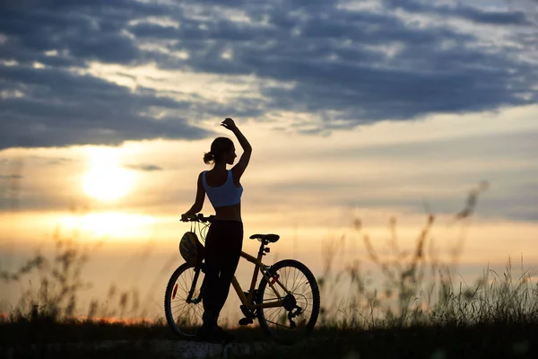 View Positive Beautiful Woman Top Helmet Posing Bicycle Sunset — Stock Photo, Image