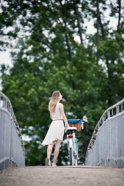 Back View Slender Female Light Dress Long Hair Standing Bicycle — Stock Photo, Image