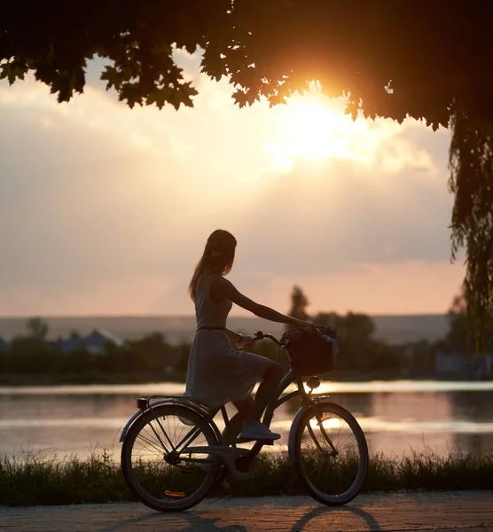 Tender Girl Rides Retro Bike Basket Road River Sunset — Stock Photo, Image