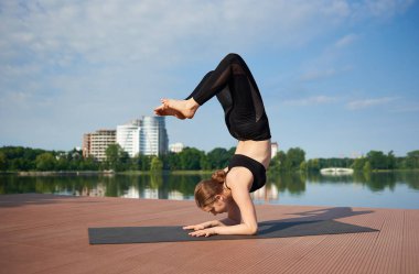 Sportif çekici genç kadın yoga yapıyor, Vrischikasana yapıyor, akrep egzersizi yapıyor, amuda kalkıyor.
