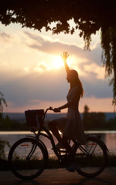 Ευτυχισμένη Γυναίκα Ιππασία Ρετρό Ποδήλατο Ένα Καλάθι Στο Δρόμο Κοντά — Φωτογραφία Αρχείου