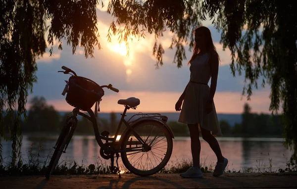 호수와 태양을 배경으로 나뭇가지 바구니를 자전거 근처에서 처녀의 실루엣 — 스톡 사진