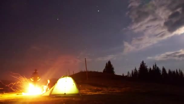 Far Och Son Vid Lägerelden Camping Kvällen Timelapsvideo Familjen Semester — Stockvideo