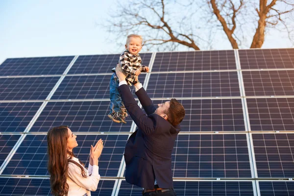 Low Angle View Happy Family Spending Fun Time Solar Plant — 스톡 사진