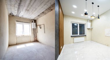 Rekonstrüksiyondan önce ve sonra özel evdeki büyük ve güzel bir odanın görüntüsü. Boş gri duvarlar yenilenmiş aydınlık odalara karşı.