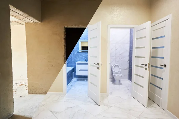 Comparison of a room in an apartment before and after renovation, opened doors to refurbished tiled bathroom and toilet room in white and blue colors