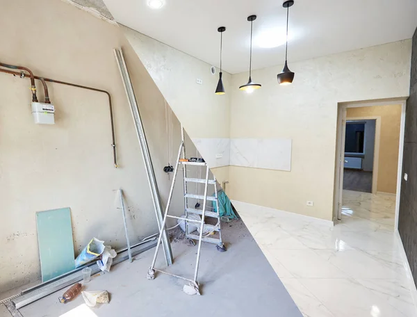 Comparative Building Project Kitchen Renovation Works Messy Unfinished Room New — Stock Photo, Image