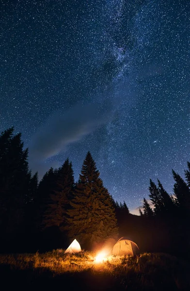 Céu Brilhante Noite Está Repleto Estrelas Láctea Visível Nele Silhuetas — Fotografia de Stock