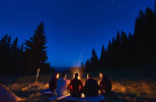 Summer camping under stars. Rear view of group of five hikers, men and woman sitting near bright bonfire, tourist tent under dark night sky with sparkling stars. Concept of tourism, night camping.