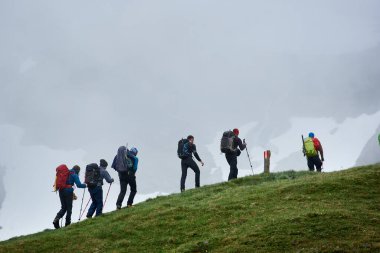 Sırt çantalı bir grup erkek turist çimenli tepeye tırmanıyor. Arka planda sisli uçurumlarla dağlarda yürüyen cesur dağcılar. Yürüyüş, seyahat, dağcılık ve sırt çantası kavramı.