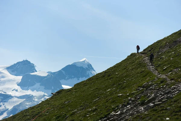 Vista Posterior Dos Montañeros Con Mochilas Caminando Por Sendero Usando — Foto de Stock