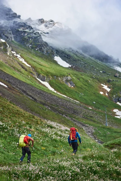 Вид Сзади Двух Мужчин Рюкзаками Идущих Вместе Горы Мужчины Туристы — стоковое фото