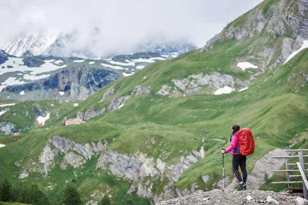背着背包和手杖的女徒步旅行者的背影 欣赏着覆盖着青草和雪的美丽山丘 山地景观的概念 — 图库照片