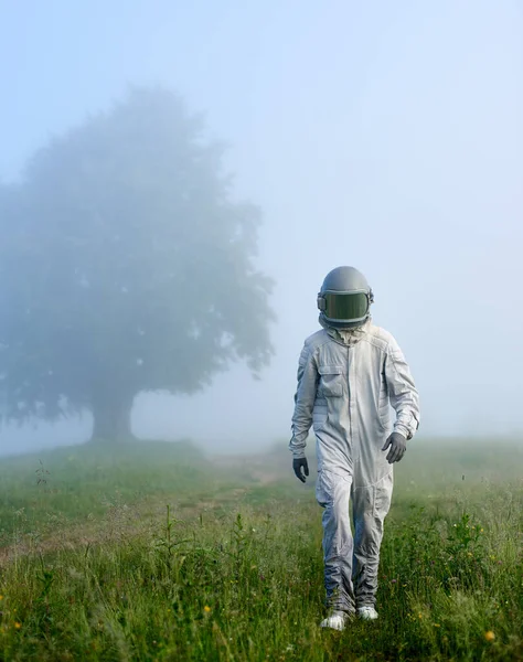 Kosmonaut Rymddräkt Strosar Nerför Dimmiga Ängen Rymdresenär Hjälm Promenader Grönt — Stockfoto