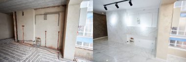 Yenilenmeden önce ve sonra mermer zemini olan boş bir daire. Zemin altı ısıtma boruları ve beyaz tonlarda şık tasarımı olan yenilenmiş yeni bir yer ile eski odanın karşılaştırılması. Ev yenileme kavramı