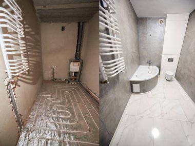 Tadilattan önce ve sonra evdeki banyo karşılaştırması. Modern bir banyonun içi gri tonlarda, beyaz fayanslar sıcak zeminde ve merdiven radyatörü boş duvarlara karşı.