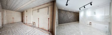 Yenilenmiş mermer zemini olan yeni bir daireyle zemin altı ısıtma boruları olan eski bir evin karşılaştırması. Restorasyondan önce ve sonra şık tasarımı olan modern boş bir daire. Ev yenileme kavramı.