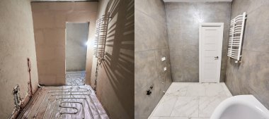 Tadilattan önce evdeki banyo karşılaştırması. Beyaz, sıcak fayanslı, gri tonlarda yeni bir banyo. Beyaz kapılar, bitmemiş odalara karşı. Boş kapı, yer ısıtma boruları sistemi.