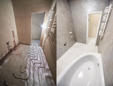 Yenilenmeden önce ve sonra mermer zemini olan modern banyo kolajı. Yeraltı ısıtma boruları ve ısıtmalı havlu tırabzanı ve banyo küveti olan eski tuvaletlerle karşılaştırma..