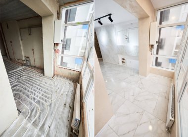 Onarımlardan önce ve sonra jöle kaplı odayla birleştirilmiş karşılaştırmalı fotoğraf. Döşeme ısıtma boru sistemi parlak fayansların altında, duvarlarda yeni sıva, modern spot ışıkları