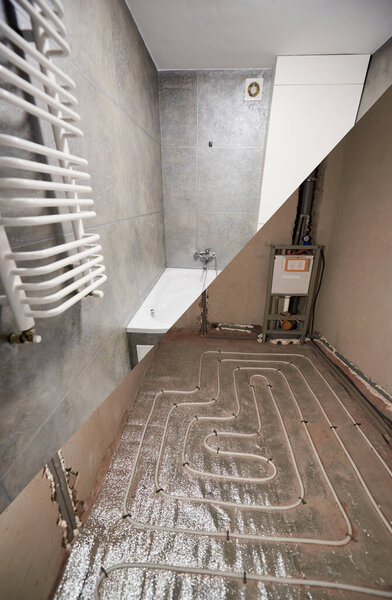 Comparison of old and new bathroom with underfloor heating pipes and heated towel rail. Modern apartment before and after refurbishment in vertical format. Concept of home renovation.