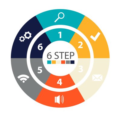 Modern dairesel infographics 6 adımları, segmentler için yıllık raporlar, grafikler, sunumlar, web tasarım