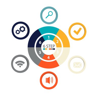 Modern dairesel infographics 6 adımları, segmentler için yıllık raporlar, grafikler, sunumlar, web tasarım