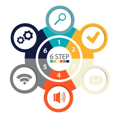 Modern dairesel infographics 6 adımları, segmentler için yıllık raporlar, grafikler, sunumlar, web tasarım