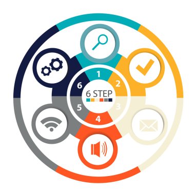 Modern dairesel infographics 6 adımları, segmentler için yıllık raporlar, grafikler, sunumlar, web tasarım