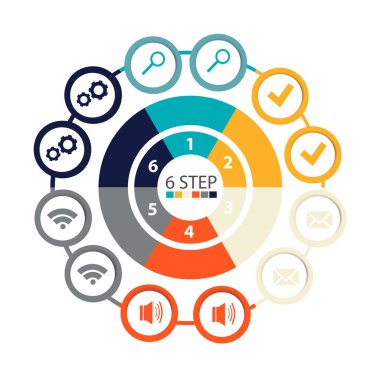 Modern dairesel infographics 6 adımları, segmentler için yıllık raporlar, grafikler, sunumlar, web tasarım