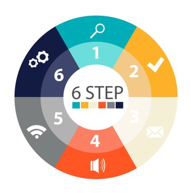 Modern dairesel infographics 6 adımları, segmentler için yıllık raporlar, grafikler, sunumlar, web tasarım