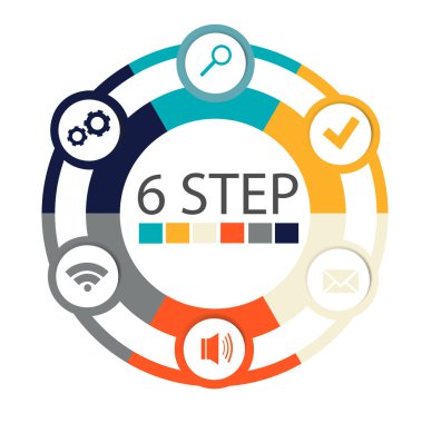 Modern dairesel infographics 6 adımları, segmentler için yıllık raporlar, grafikler, sunumlar, web tasarım