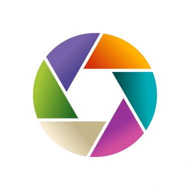 Çok renkli vektör logo ve photoappar beyaz arka plan üzerinde diyafram lens şeklinde