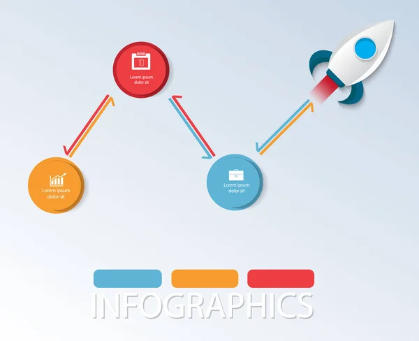 Vektorrum illustration. Raket mall med färg cirklar för företag, webbdesign, presentation, infographics, start koncept med 3 alternativ, steg — Stock vektor
