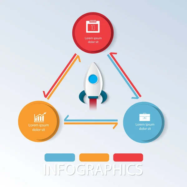 Ilustración del espacio vectorial. Plantilla de cohete con círculos de color para infografías, negocios, presentación, diseño web, concepto de inicio con 3 opciones, pasos — Vector de stock