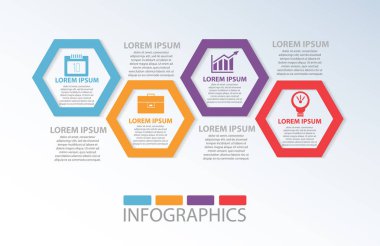 Vektör çizim. 4 renkli geometrik şekiller altıgenler infographics, iş, tanıtım, web tasarım, başlangıç kavramı ile 4 seçenekleri, adımları için şablonu. Metin ve simgeleri