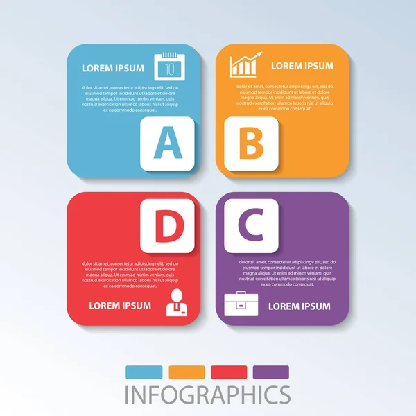 Ilustração vetorial. Modelo com 4 retângulos de cores para infográficos, negócios, apresentação, web design, conceito de inicialização com 3 opções, etapas. Texto e ícones — Vetor de Stock